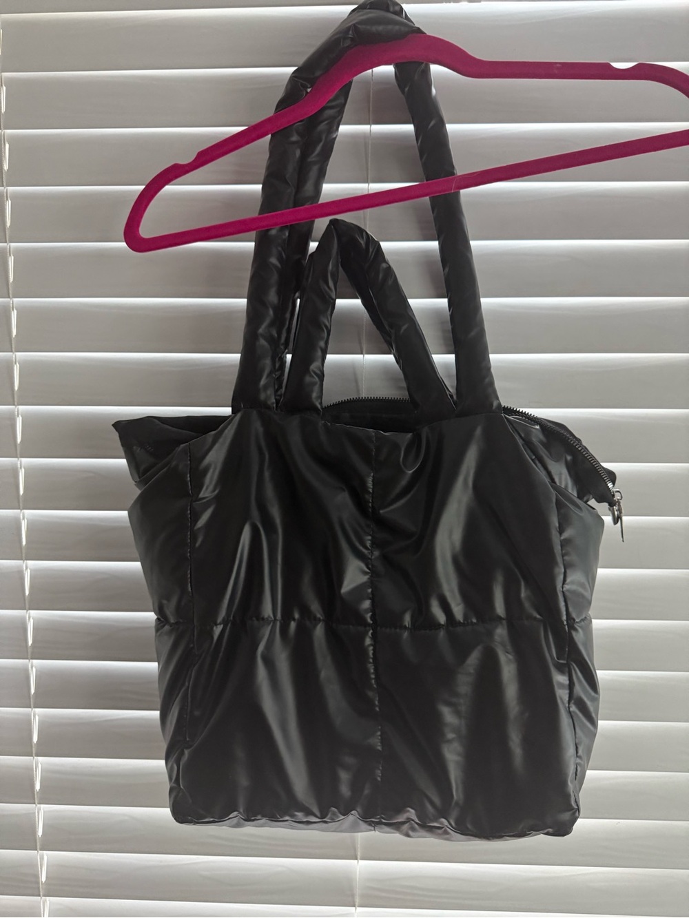 Black Puffer Tote Bag - Lightweight Quilted Shoulder Bag like new except 2” tear